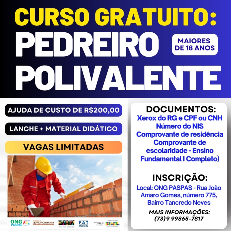 ONG PASPAS está com inscrições abertas para Curso de Pedreiro Polivalente em Teixeira de Freitas