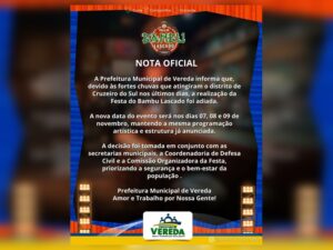 Prefeitura de Vereda adia realização da Festa do Bambu Lascado devido às fortes chuvas