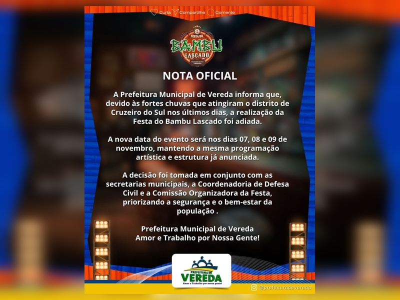 Prefeitura de Vereda adia realização da Festa do Bambu Lascado devido às fortes chuvas